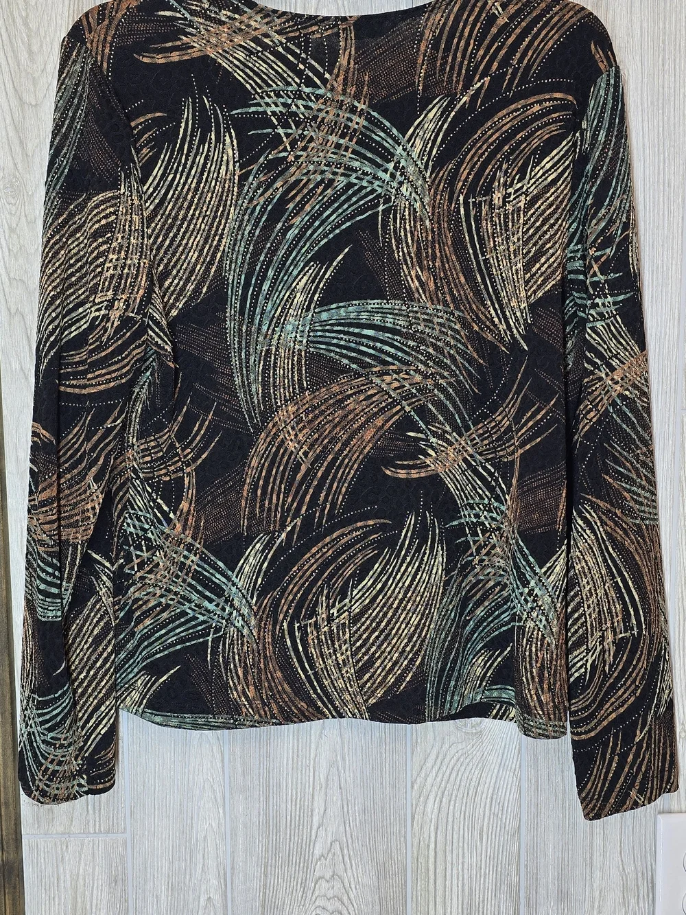 Laura Ashley Black Long Sleeve Top with Copper and Teal Brushstroke Print